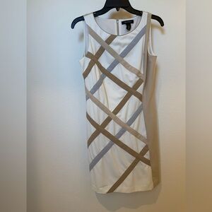 Sleeveless Ivory Sheath Dress with Taupe and Gray Ribbon Detail